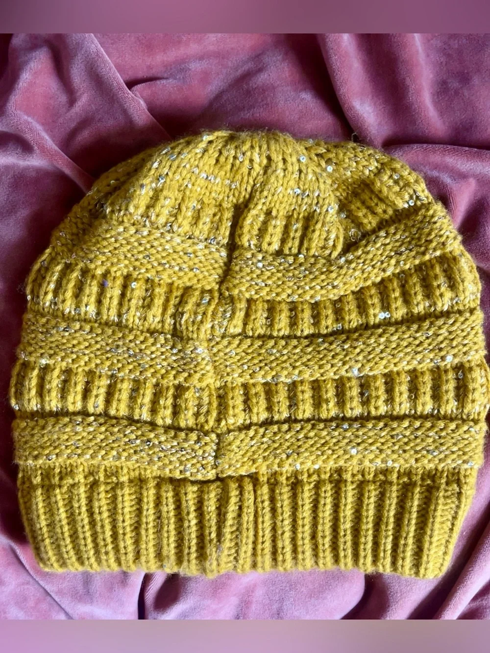C.C. Exclusives Mustard Yellow Chunky Knit Beanie with Silver Shimmer Like New